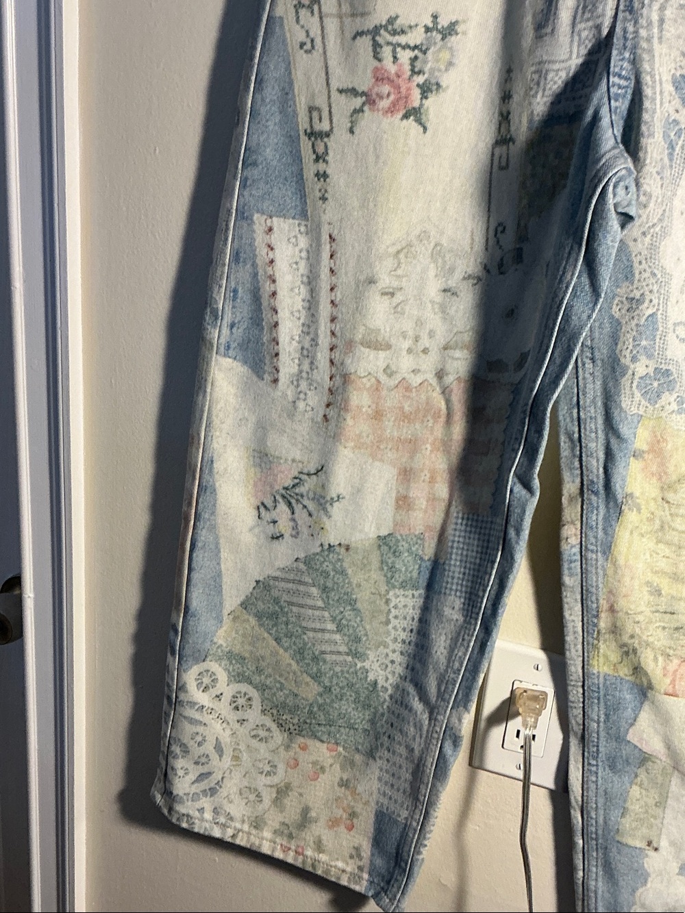 Light Blue Patchwork-Print Straight Leg Jeans - Picture 4 of 6